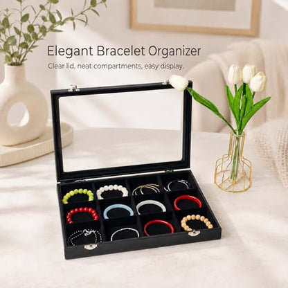 Black 12 Grid Jewelry Organizer Display Box with Transparent lid Bracelets Display Case Bracelet Box with Clasp Bangle Organizer Drawer Insert Bangle Brooch,Gift for Women Girls(12 Grid) - color: 12 Grid