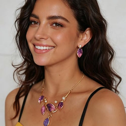 Vintage Statement Jewelry Set - Chunky Flower Floral Plant Geometric Resin Bib Necklace Earring Set Bohemian Boho Crystal Rhinestone Fashion Jewelry for Women Bridal Party Prom Unique Gift - style: MLJS2609-Purple