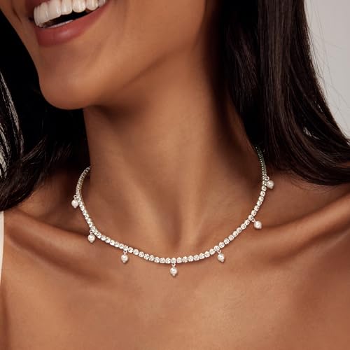 Luxval Tennis Necklace 14K Gold Plated Rhinestone Butterfly Choker Necklaces for women Dainty Zirconia Cut Faux Diamond chain 3mm - color: Silver-Pearl dangle tennis