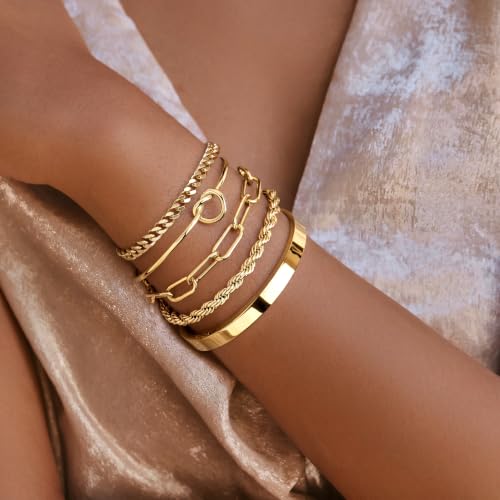 Gokeey Sterling Silver Cuff Bangle Bracelet Set for Women Waterproof, Non Tarnish S925 Silver Chunky Cuban Link Chain Heart Love Infinity Tie Knot Paperclip Beaded Twist Rope Silver Bracelets Fashion Jewelry Gifts Set - color: Gold-Stackable Bangles set