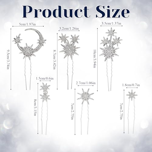 6 Pcs Hair Pins Rhinestone Celestial Crystal Goddess Style Hair Pieces Bride Bridal Wedding Side Clip Set Star Moon Decorative Barrettes Headdress Accessoriesfor Girls Women (Silver)