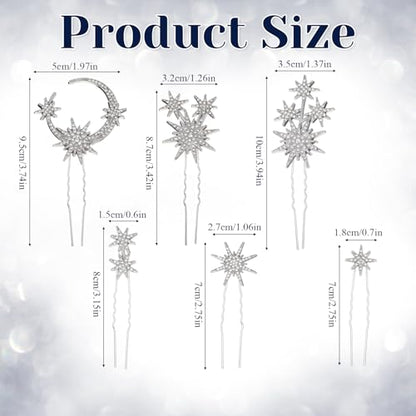 6 Pcs Hair Pins Rhinestone Celestial Crystal Goddess Style Hair Pieces Bride Bridal Wedding Side Clip Set Star Moon Decorative Barrettes Headdress Accessoriesfor Girls Women (Silver)