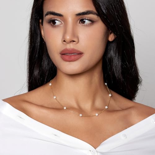 Zeffy Pearl Necklace 8MM Dainty Round Imitation Pearl Choker Necklace Wedding Pearl Necklace Delicate Jewelry for Women Simple Bridesmaid Jewelry Gifts - style: 4mm Gold Satellite Pearl Necklace
