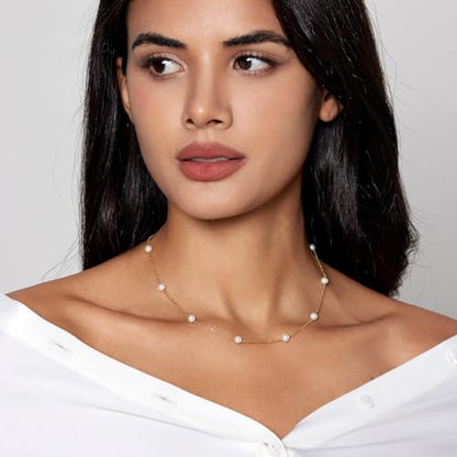 Zeffy Pearl Necklace 8MM Dainty Round Imitation Pearl Choker Necklace Wedding Pearl Necklace Delicate Jewelry for Women Simple Bridesmaid Jewelry Gifts - style: 4mm Gold Satellite Pearl Necklace