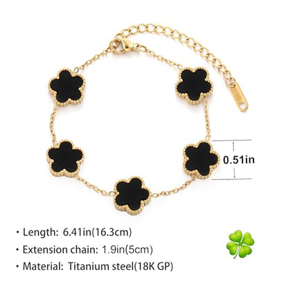 TICVSS Four Leaf Clover Bracelet for Women 18K Gold Plated Stainless Steel Lucky 4 Leaf Gold Link Bracelet Jewelry Gift for Women - color: Black