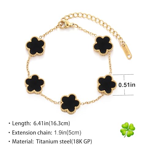 TICVSS Four Leaf Clover Bracelet for Women 18K Gold Plated Stainless Steel Lucky 4 Leaf Gold Link Bracelet Jewelry Gift for Women - color: Black