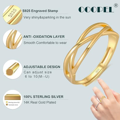 OOOPEL Sterling Silver Adjustable Ring S925 Silver Rings for Women Cubic Zirconia Twist Love Knot Dainty Ring Silver Minimalist Open Finger Rings Silver Thumb Sterling Silver Ring - color: Gold,Celtic Knot
