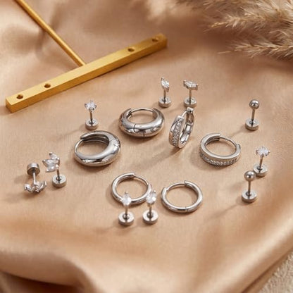 Stainless Steel Stud Earrings Set for Women Hypoallergenic Flat Back Cartilage Earrings Screw Back Huggie Hoop Earrings Multiple Piercing Cubic Zirconia Helix Tragus Jewelry - color: Set-A-Silver