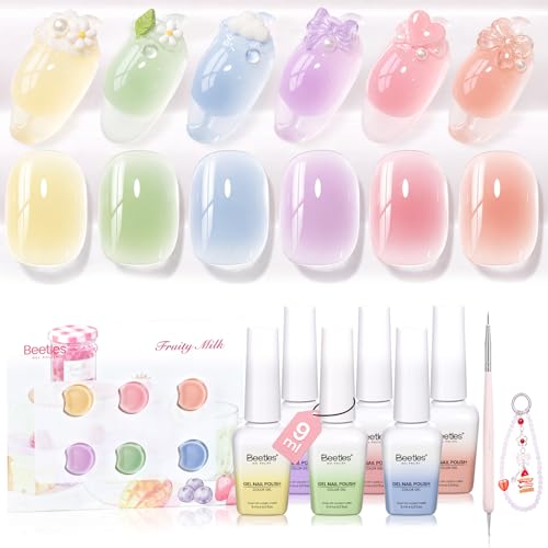 Beetles Fruity Milk Jelly Gel Nail Polish Set, 6 Colors Pastel Gel | Sheer Gel Polish Kit Pink Purple Blue Peach Nude Green Yellow Translucent Effect Soak Off UV Nail Art Manicure Gift for Women - color: 0-0-0-Fruity Milk