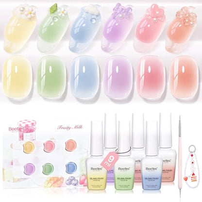 Beetles Fruity Milk Jelly Gel Nail Polish Set, 6 Colors Pastel Gel | Sheer Gel Polish Kit Pink Purple Blue Peach Nude Green Yellow Translucent Effect Soak Off UV Nail Art Manicure Gift for Women - color: 0-0-0-Fruity Milk