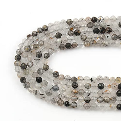 90pcs 4mm Natural Black Rutilated Quartz Gemstone Beads Faceted Round Loose Stone Beads for Jewelry Making - color: Black Rutilated Quartz, size: 3.7-4.2mm
