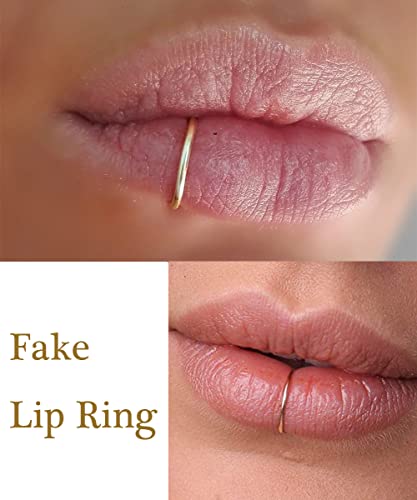 Longita Fake Lip Ring and Nose Piercing Set - Ball Spike, Hoop, Stud, Stick-on Bridge and Eyebrow Ring - Silver, Gold, Black - color: 3-gold