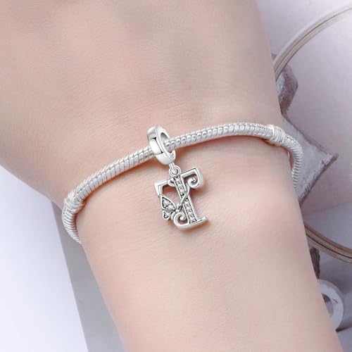 2 Pack 925 Sterling Silver Butterfly Letter Charms for Bracelets and Necklace Alphabet Initial Dangle Pendants Round Spacer Beads Pave Cubic Zirconia Jewelry Gift for Women - color: T Set