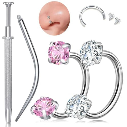 G23 Titanium Horseshoe Nose Ring 20G, 2 Pcs Double Gem Nose Ring for Women, 6mm 7mm 8mm Hypoallergenic Horseshoe Nose Rings Helix Tragus Earring Hoops Labret Lip Piercing Jewelry Small Septum Rings - color: 20G-6mm-2 Pcs Silver-White & Pink CZ