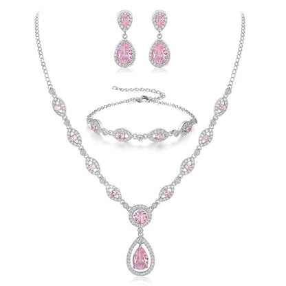 BriLove Wedding Bridal Jewelry Set for Women Cubic Zirconia Teardrop Y-Necklace Link Bracelet Dangle Earrings for Party Prom Accessories - color: Pink Silver-Tone