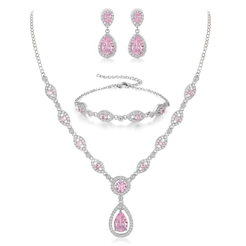 BriLove Wedding Bridal Jewelry Set for Women Cubic Zirconia Teardrop Y-Necklace Link Bracelet Dangle Earrings for Party Prom Accessories - color: Pink Silver-Tone