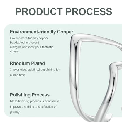 Silver Open Adjustable Stacking Rings for Women, Minimalist Wrap Band Set, Geometric/Heart/Wave/Leaf/Spiral Styles, Hypoallergenic, Gift Box Included, Thumb Ring Option - color: V-shaped Heart