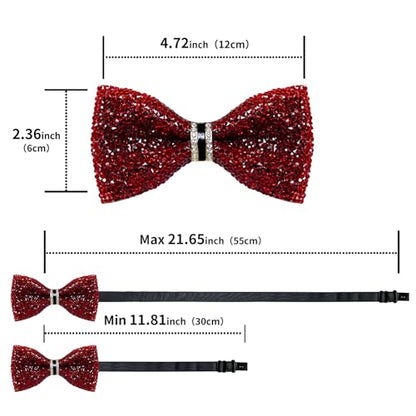 DiBanGu Mens Rhinestone Bow Tie with Ring and Lapel Pin Set | Adjustable Strap,Pre-tied Style,3PCS,Sequin Diamond Bowties，Solid/Mix Color,Shiny Accessory,for Party Prom Banquet Wedding - color: Red