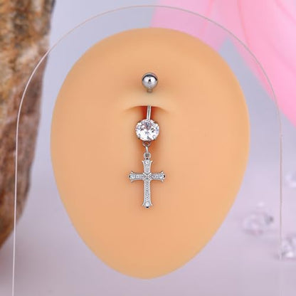 B BodyPJ Sparkles 14G Religious Belly Button Ring with Crystal Cross and Religious Charms, Stainless Steel - style: Type G,Silver