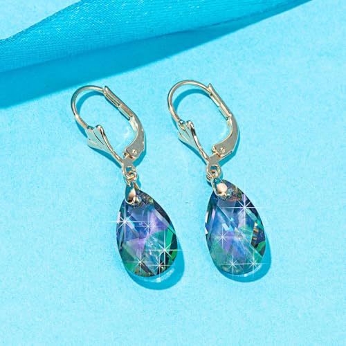 Austrian Crystal Teardrop Leverback Dangle Earrings for Women Fashion 14K Gold Plated Hypoallergenic Jewelry - color: Rainbow