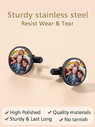 FindChic Stainless Steel Round Cufflinks with Custom Text/Picture/Monogram Letters 18K Gold Plated/Black Color for Men Groom Suits Shirts, with Gift Box - style: 02. custom photo-round (black)