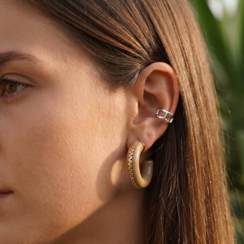 Gold Plated Resin Chunky Hoop Earrings Hypoallergenic Push Back Hoops for Sensitive Ears - color: Beige