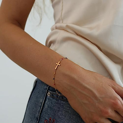 18K Gold Plated Pearl Beaded Cross Bracelets for Women Adjustable Stainless Steel Dainty Thin Gold Box Cuban Twisted Link Chain Bracelet Bridesmaid Jewelry Gifts - color: Colorful Cross-Gold