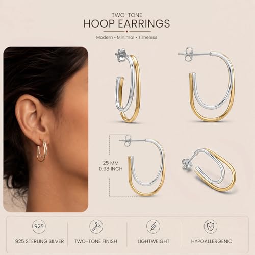 LeCalla Real 925 Sterling Silver C Hoop Earrings | Lightweight Small Hoops Italian Half Earring Hoops for Women - color: Two-Tone Oval Hoops-25mm