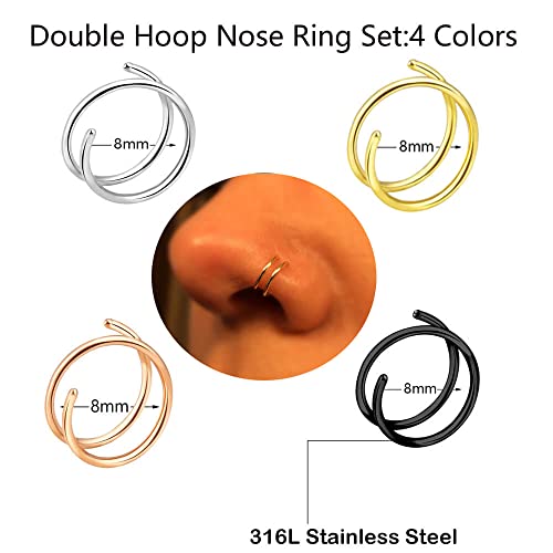 Renkovte Double Nose Ring for Single Piercing,20G Snug Spiral Nose Rings Hoops 8mm Thin Nose Piercing Jewelry for Women - style: Left Side 4PCS 8mm