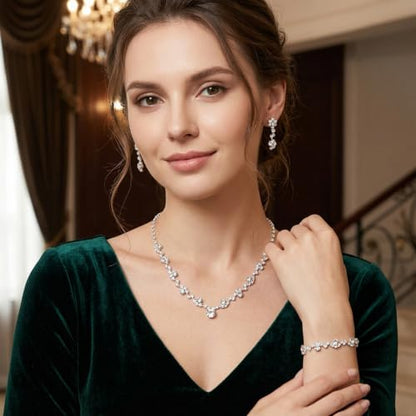 Crystal Wedding Jewelry Set for Brides Silver Necklace Earrings and Bracelet Set Elegant Women Wedding Jewelry Sets for Weddings, Bridesmaids, Prom, Party and Special Occasions