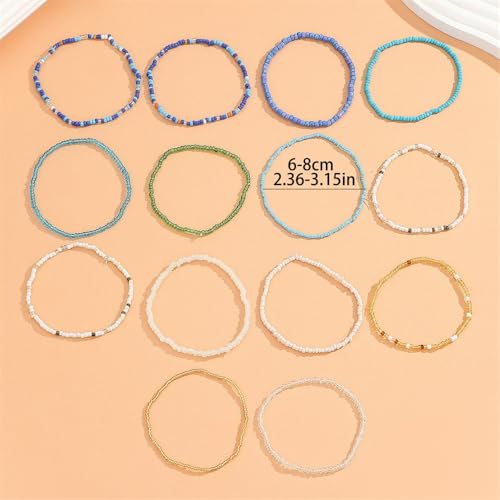 18Pcs Boho Stackable Beaded Bracelets for Women Colorful Handmade Multilayered Rice Beads Anklets Set Summer Beach Bohemian Jewelry Gift - color: Style 1 Blue B