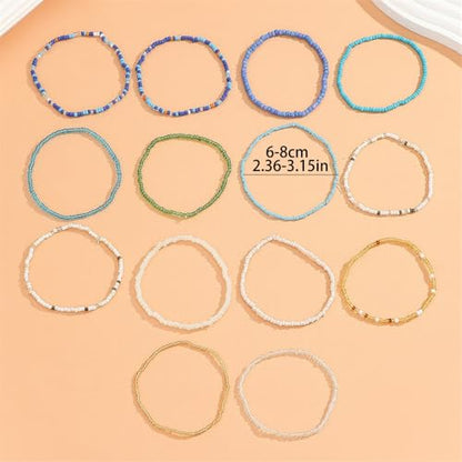 18Pcs Boho Stackable Beaded Bracelets for Women Colorful Handmade Multilayered Rice Beads Anklets Set Summer Beach Bohemian Jewelry Gift - color: Style 1 Blue B