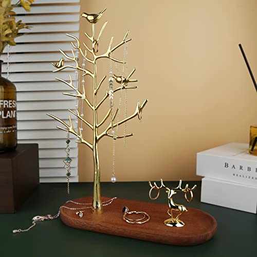 MORE&LESS Branch Jewelry Rack with deer, for Ring Earrings Necklace Bracelet,Suitable for living rooms, bathrooms,offices,etc. - color: C Tree&Deer Wood Tray