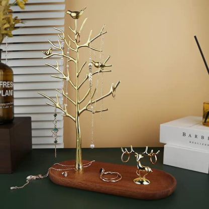 MORE&LESS Branch Jewelry Rack with deer, for Ring Earrings Necklace Bracelet,Suitable for living rooms, bathrooms,offices,etc. - color: C Tree&Deer Wood Tray