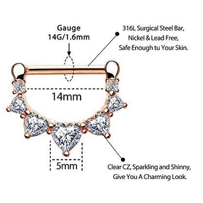 Melighting 2pcs 14G Nipple Rings Surgial Steel 316L Piercing Jewelry Shiny Heart Clear CZ Nipple Bars Rose Gold 14mm - color: rose gold