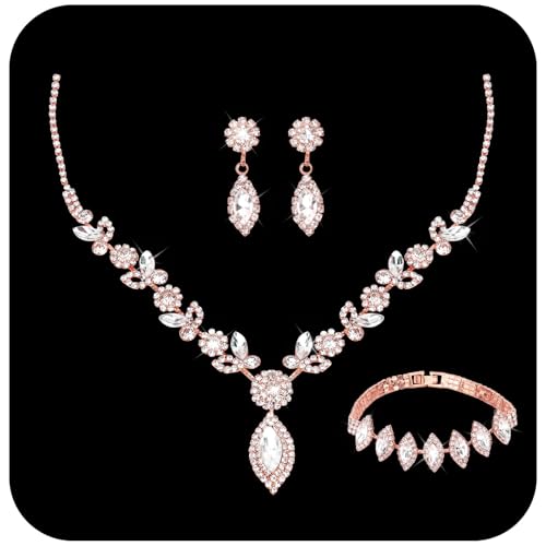 Bridal Jewelry Set for Wedding Prom Jewelry Set for Women Sparkly Rhinestone Necklace Earrings Bracelet Sets for Bride Bridesmaid Quinceanera Costume Accessories - style: F
