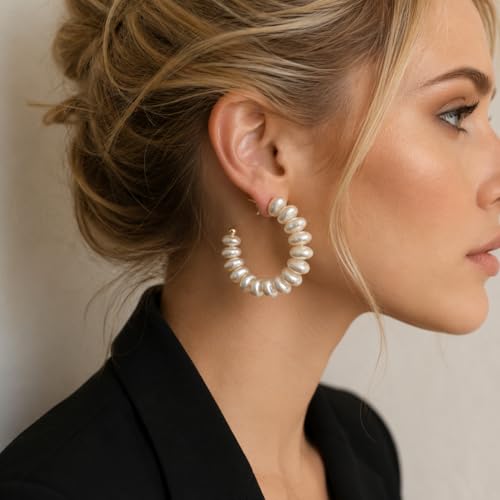 Pearl Hoop Dangle Earrings for Women, White Petal Statement Earrings, Floral Drop Earrings, Lightweight Elegant Wedding Vacation Party Jewelry - color: A0028-style B