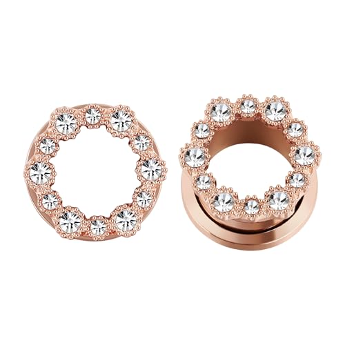 Tunnels Gauges, 2PCS Stainless Steel Tunnel Set Hollow Flower with Round Cubic Zirconia Screw Back Ear Gauges Plugs Tunnels 2G - 5/8 inch Ear Piercing Jewelry - color: Rose Gold, size: 5/8 inch(16mm)