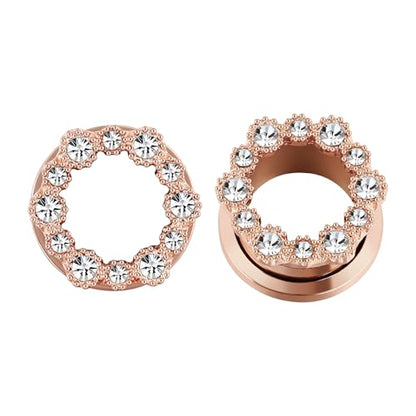 Tunnels Gauges, 2PCS Stainless Steel Tunnel Set Hollow Flower with Round Cubic Zirconia Screw Back Ear Gauges Plugs Tunnels 2G - 5/8 inch Ear Piercing Jewelry - color: Rose Gold, size: 9/16 inch(14mm)