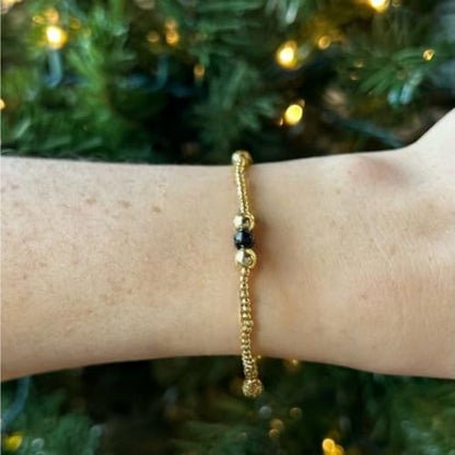 14K Gold Plated Beaded Bracelets Stack Set for Women,Stretch Boho Ball Jewelry Friendship Trendy - color: Black