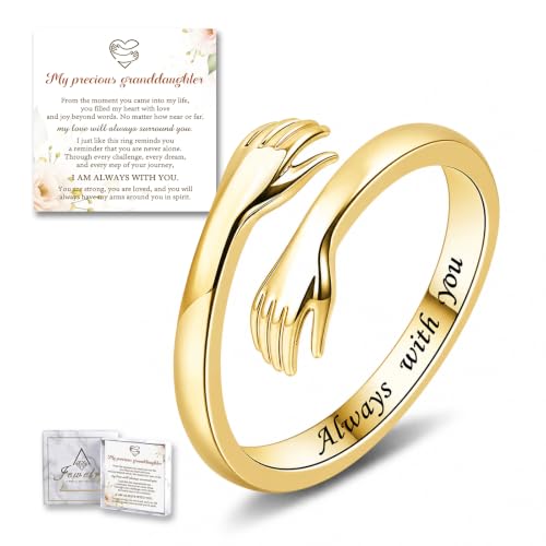 Sterling Silver Hug Ring for Women Teen Girls Adjustable Love Promise Ring Inspirational Open Rings Mothers Day Birthday Gift for Daughter Granddaughter Mom Wife Best Friend - color: 18K Gold / Granddaughter Gift (Always with you)