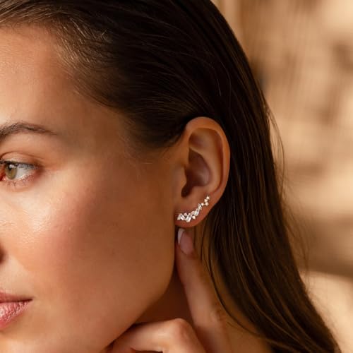 Star 14K Gold Plated Ear Cuff Earrings for Women Non Piercing, Dainty Silver Plated Clip on Cartilage Ear Cuff Non Pierced Trendy CZ Northstar Starburst Sparkling Climber Clawer Earring Jewelry - style: Cluster