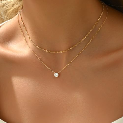 Cubic Zirconia Necklaces for Women 18K Gold Plated Tear drop Necklace Dainty Layered CZ Lariat Diamond Necklace - color: Layered CZ-Gold