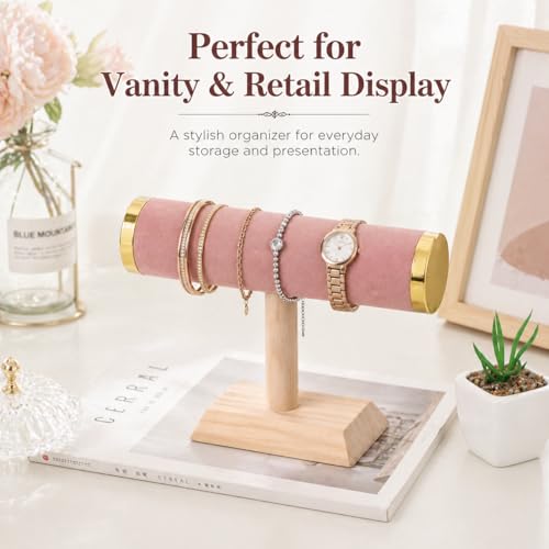 Jewelry Display T-Bar Stand, 9 Inch Pink Velvet Bracelet Holder with Gold-Tone End Caps, 1-Tier Bangle and Watch Stand with Natural Pine Base for Vanity and Retail Counter - color: Black