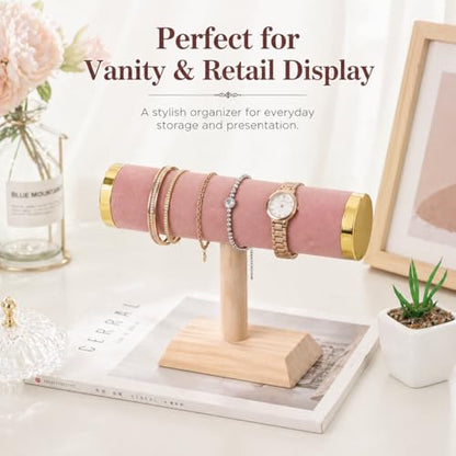 Jewelry Display T-Bar Stand, 9 Inch Pink Velvet Bracelet Holder with Gold-Tone End Caps, 1-Tier Bangle and Watch Stand with Natural Pine Base for Vanity and Retail Counter - color: Black