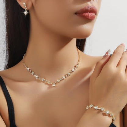 Prom Earrings Necklace Bracelet Set Elegant Crystal Rhinestone Necklace Earrings Bracelet Bridal Wedding Prom Dresses Costume Outfit Gold Jewelry Sets for Women - color: Gold