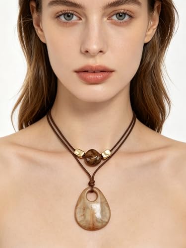 Bohemian Necklaces for Women Long Leather Necklace with Large Pendant Chunky Boho Hippie Jewelry Pendant Chocker Necklace - style: Bohemian Chunky Necklace