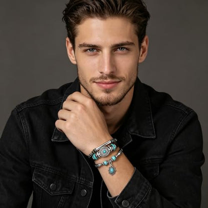 INENIMARTJ Western Turquoise Leather Wrap Bracelets for Men Women Boho Multilayer Turquoise Cuff Wrap Bracelet Western Bracelet Jewelry for Men and Woman - color: 17coffee