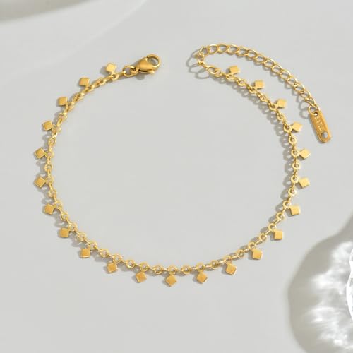 18K Gold Plated Ankle Bracelets for Women Stainless Steel Anklet with Star Cross Disc Coin Teardrop Charms Waterproof Thin Chain Ankle Jewelry Gift for Her - style: Square-Gold