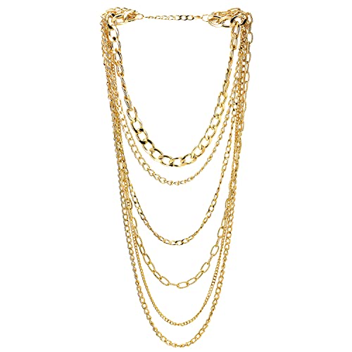 COOLSTEELANDBEYOND Statement Necklace Waterfall Multi-Strand Curb Link Rolo Chains, Punk Rock Cool, Light Weight - color: A-Color: 18K Gold-Plated